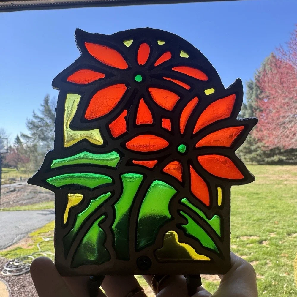 Vintage Tiffany Style Poinsettia Stained Glass Cast Iron Candle Votive Holder